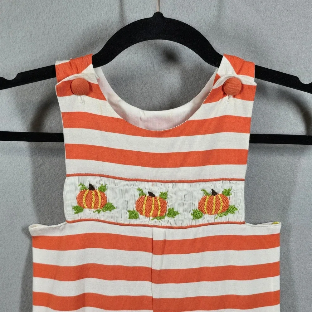 Babeeni Pumpkin Smocked Romper 3T Orange White Stripe Cotton Fall‎ Outfit